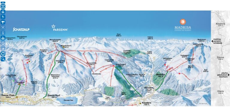 Mapa stoków Davos Klosters, północna strona doliny